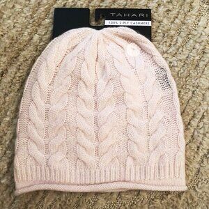 NEW Tahari Blush Light Pink Women's Cableknit 100% Cashmere Knit Beanie ski hat